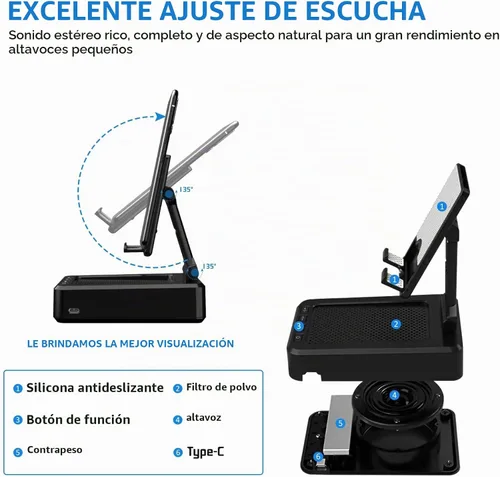 Vista 4 de Soporte para teléfono celular con altavoz Bluetooth inalámbrico compatible con iPhone/Samsung/iPad, soporte de teléfono de diseño antideslizante