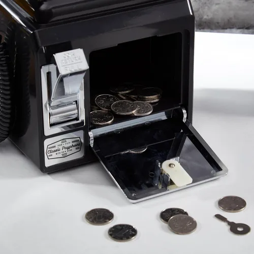 Vista 6 de Ryan Bros. Teléfono de pago retro americano de los 1950 con banco de monedas, teléfono fijo de pared con cable (negro)