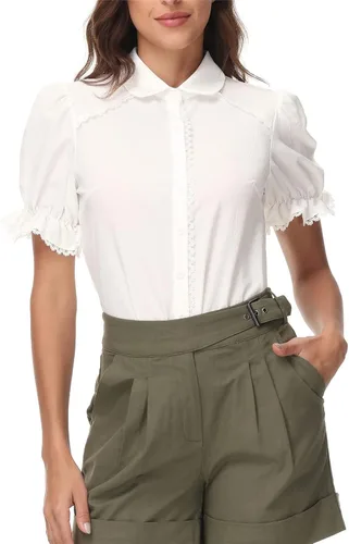 Vista 2 de Belle Poque Peter Pan Tops Short Sleeve Office Blouses for Women Casual Puffy Sleeve Shirts Solid Color Tops