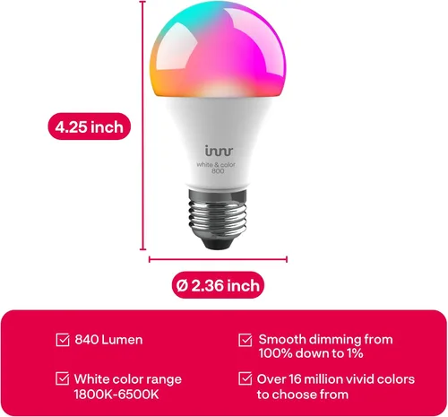 Vista 9 de innr - Bombilla inteligente Zigbee A19, funciona con Hue*, Alexa, SmartThings (se requiere hub), luz blanca y de color, bombilla LED E26, bombilla