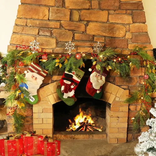Vista 5 de GUOOU Guirnalda de Navidad iluminada de 6 pies, guirnalda de Navidad a pilas con luces, guirnalda preiluminada con bolas rojas para interiores