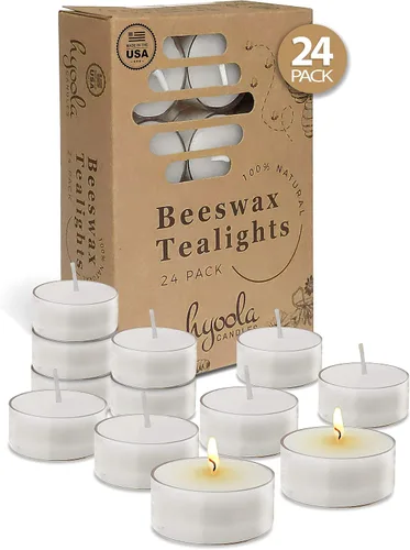 Vista 9 de Hyoola Velas de té de cera de abeja blanca pura, hechas a mano, decorativas sin perfume, velas de té, 4 horas de tiempo de combustión, taza Blanco