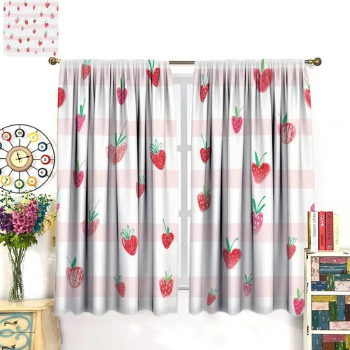 Vista 3 de Cortinas bohemias con diseño de fresas, bonitas cortinas bohemias con bolsillo para barra de fruta, tratamiento de ventana para cocina, sala