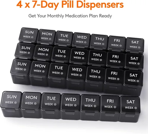 Vista 2 de Lifewit Organizador mensual de píldoras, pastillero de 28 días, 4 semanas, un mes, cajas de vitaminas, compartimentos grandes, organizador de Negro