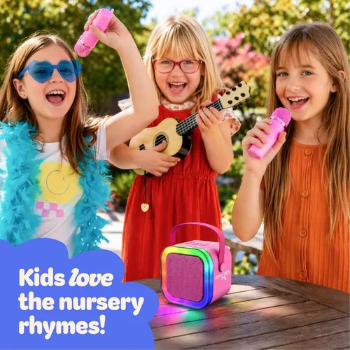 Vista 2 de Move2Play, Mini máquina de karaoke para niños Más de 20 canciones integradas Altavoz Bluetooth con micrófonos Efectos de voz Juguete musical