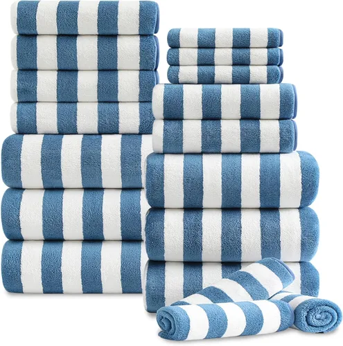 Vista 12 de Juego de 18 toallas de baño de rayas color blanco y negro con lazo para colgar, 6 toallas de baño, 6 toallas de mano, 6 toallas familiares, juego
