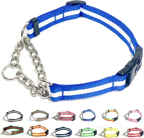 Vista 9 de Collar Martingale para perros, collares de nailon ajustables con hebilla de liberación rápida, rayas multicolores, cadena de acero inoxidable