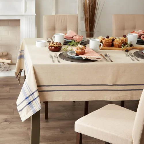 Vista 3 de DII - Mantel redondo para mesa de comedor, estilo rústico, colección de manteles con rayas estilo francés, 177.8 cm de diámetro, color gris Gris