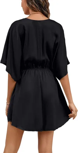 Vista 2 de LYANER Minivestido elegante de satén con cuello en V y volantes para mujer