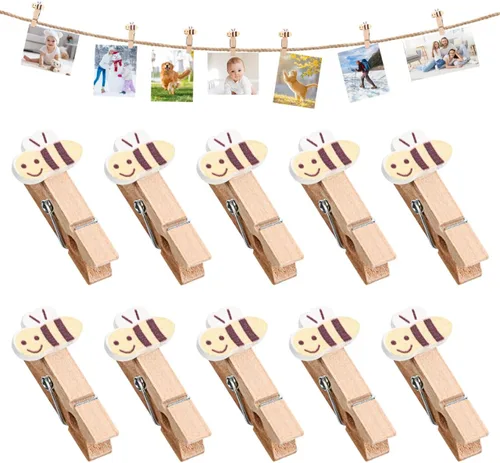 Vista 3 de ABOOFAN 50 pinzas para la ropa con cordel de madera con clips de fotos de abeja para colgar fotos, ropa, manualidades, artes al aire libre e