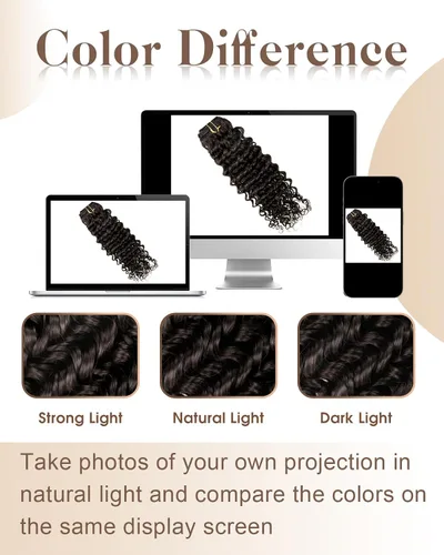 Vista 38 de Hetto . Extensiones de cabello humano rizado con clip, color #1 negro azabache, extensiones de cabello humano ondulado natural para cabeza completa