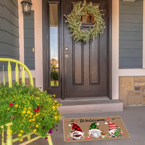Vista 6 de TREWAVE Felpudo Decorativo de Bienvenida Navideño, Tapete de Puerta de Gnomo Navideño a Cuadros Buffalo, Alfombra de Entrada Antideslizante, 29 x 17
