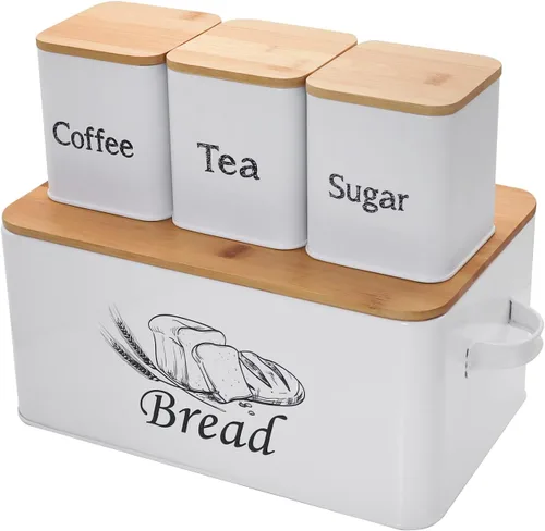 Vista 9 de SOTECH Caja de Pan con 3 Frascos Café Azúcar Té para Encimera de Cocina Caja de Pan de Metal Blanco con Tapa de Tablero de Bambú Conjunto