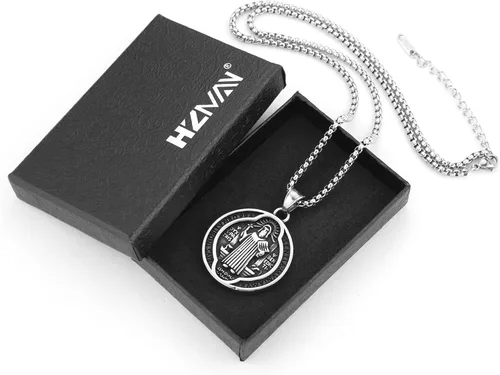Vista 6 de HZMAN Collar con medalla de San Benito para hombres y mujeres, de acero inoxidable, colgante de cruz católica romana, protección contra exorcismo