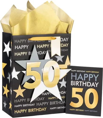 Vista 12 de Loveinside Bolsa de regalo de cumpleaños con papel de seda y tarjeta de felicitación para cumpleaños 40 – 10 x 5 x 13 pulgadas, 1 unidad, oro negro