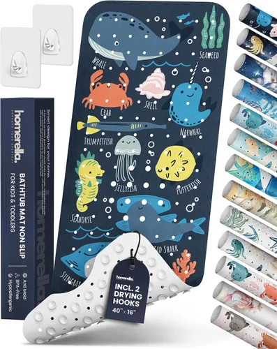 Vista 30 de Homerella - Alfombrilla de baño antideslizante y antideslizante para niños, 40 x 16 pulgadas, sin BPA, incluye 2 ganchos, tapete de ducha lavable