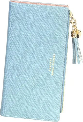 Vista 12 de Cartera delgada para mujer, bolso de mano, tarjetero con borla, bolsillo con cremallera Negro