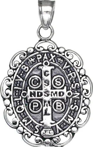 Vista 2 de Collar con colgante reversible de plata de ley con medalla de San Benito con cadena