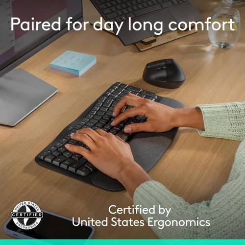 Vista 3 de Logitech Wave Keys & Lift - Combo ergonómico de teclado y mouse inalámbricos, con reposamanos acolchado, fácil de cambiar, Bluetooth, para sistema