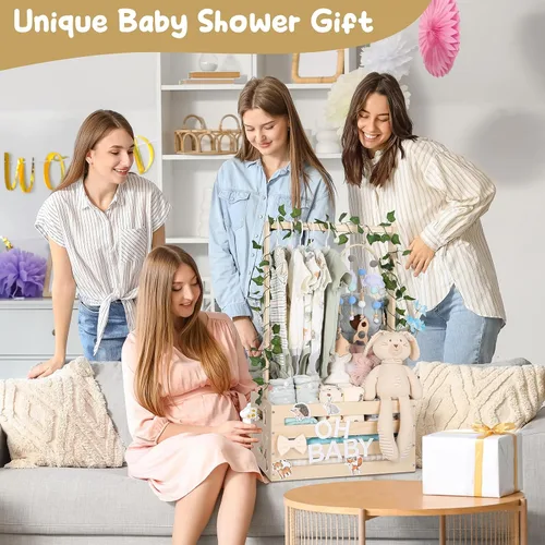 Vista 2 de Cesta grande de regalos para baby shower, caja de madera, colgadores de letras de madera personalizadas para bebé recién nacido niña niño, regalos