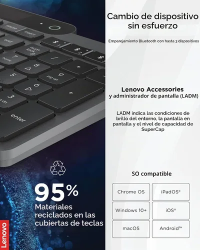Vista 4 de Lenovo 800 Teclado Bluetooth Autocargable, Utiliza Luz Ambiental para la Carga, Bluetooth 5.1, Soporta 3 Dispositivos, Sin Batería, Inalámbrico, Gris