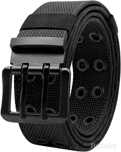 Vista 7 de Nylon Webbing Double Grommet Belt for Mens, 126cm Adjustable Canvas Belts Vintage Black Buckle Punk Style Unisex