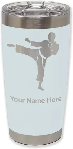 Vista 9 de LaserGram Vaso aislado al vacío de 20 onzas, Karate Man, grabado personalizado incluido (negro) Engraved Gift, Vacuum Insulated Stainless Steel