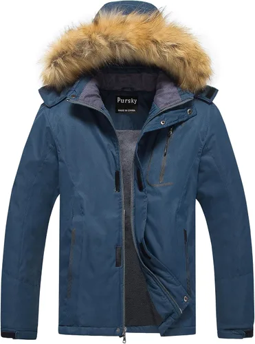Vista 8 de Pursky Chaqueta de esquí impermeable para hombre, abrigos de nieve de invierno, abrigos con capucha de piel, parka