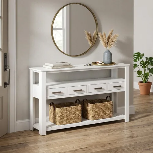 Vista 10 de LUMISOL Mesa consola con 4 cajones y estantes abiertos de 3 niveles, mesa de sofá de madera detrás del sofá con asas de metal, mesa de entrada