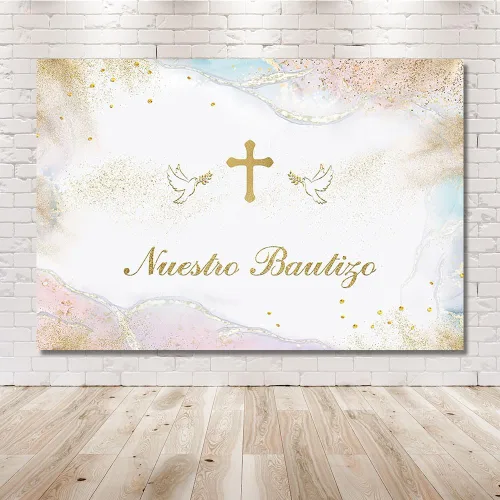 Vista 6 de MEHOFOND Fondo de fotografía de Nuestro Bautizo de 7 x 5 pies para niños y niñas, decoración de fiesta de bautizo mexicano para niños y niñas