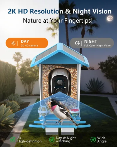 Vista 4 de Comedero inteligente para pájaros con cámara, video HD 2K, IA identifica especies de pájaros alimentado por energía solar, videos de captura