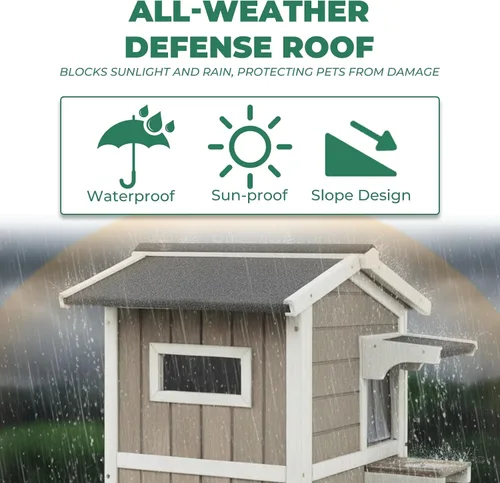 Vista 4 de Casa para gatos al aire libre resistente a la intemperie, casa de madera para gatos de dos pisos con techo que se puede abrir, 4 puertas, balcón