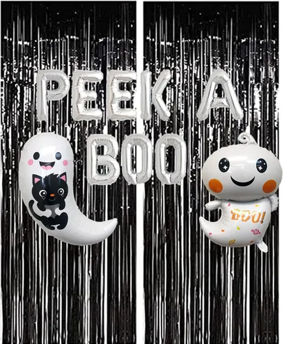 Vista 4 de Peek A Boo - Globo temático de Halloween para niños, pancarta de feliz día de abucheo, decoración con abucheo y gato fantasma, telón de fondo