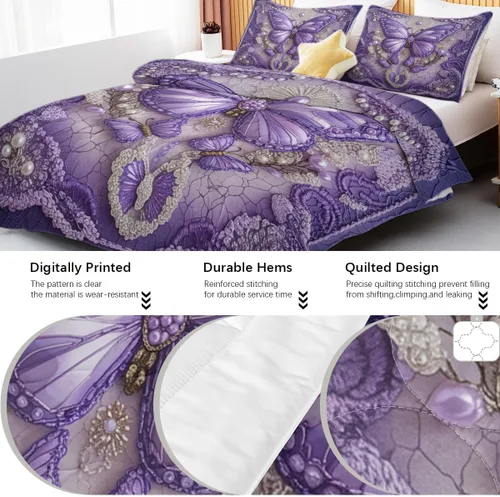 Vista 4 de Juego de edredón de mariposa tamaño individual, juego de ropa de cama estética morado, edredón de microfibra de mariposa lavanda con 2 fundas