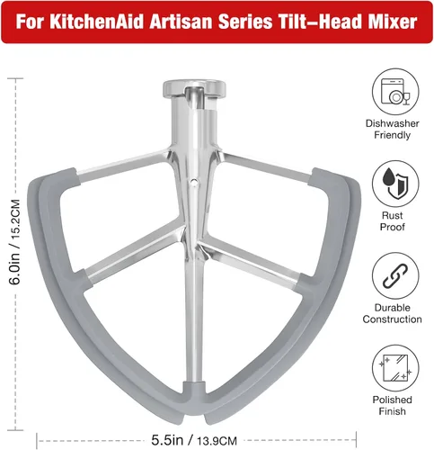 Vista 4 de Batidor de borde flexible de acero inoxidable de 4.5-5 cuartos para batidoras de pie KitchenAid Classic y Artisan con cabezal inclinable. Compatible