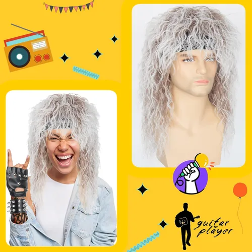 Vista 8 de Miss U Hair - Peluca de cabello de los años 80 para hombres y mujeres, juego de disfraz rockero Diadema elástica, manga de tatuaje, guante