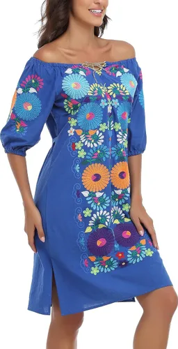 Vista 3 de YZXDORWJ Vestido bordado mexicano de manga corta para mujer