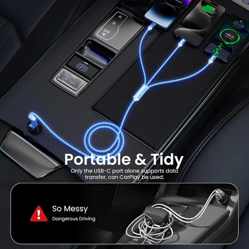 Vista 6 de Cable de carga con luz LED que fluye 3 en 1 Lightning/Type C/Micro USB brillante para automóvil para iPhone, cable de carga para automóvil azul