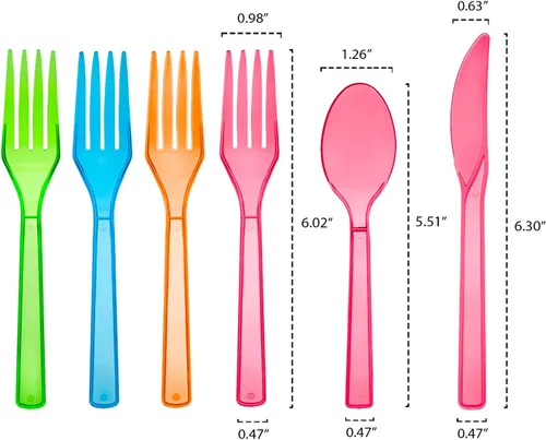 Vista 5 de Party Essentials Paquete combinado de cubiertos de plástico duro, 48 piezas/16 lugares, varios brillos de neón