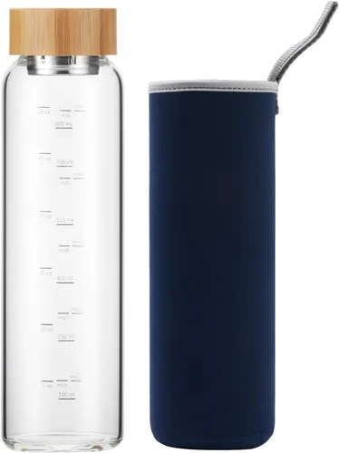 Vista 8 de sunkey Botella de agua de vidrio de 32 onzas de boca ancha con funda de bambú, botella de agua motivacional con marcador de tiempo, reutilizable