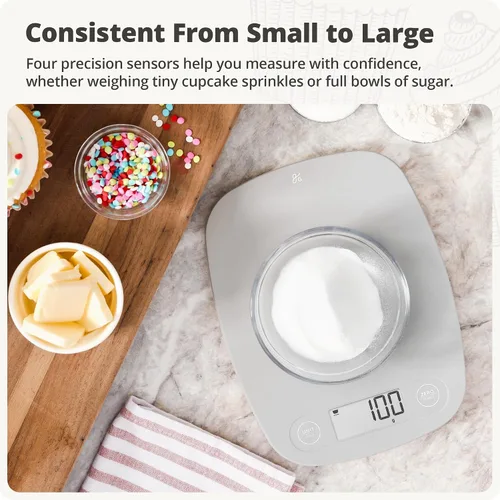Vista 3 de Greater Goods Báscula de alimentos – Báscula digital de cocina, precisión de 1g (0.035 oz), tara fácil y conversión rápida, diseño compacto delgado