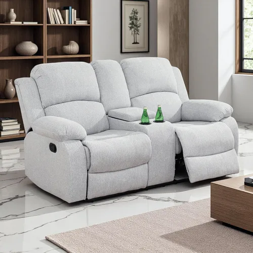 Vista 48 de Juego de Muebles para Sala de Estar, Juego de Sofá Reclinable Manual, Juegos de Sofás Reclinables de Cuero Beige con Mesa Desplegable, Sofá