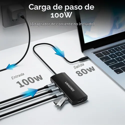 Vista 4 de VANGREE Hub USB C 8 en 1, 3 USB-C+3 USB-A 3.2 10Gbps, 4K60Hz HDMI, 100W PD Negro