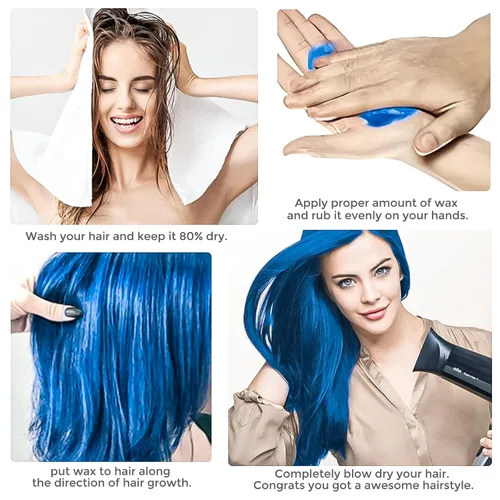 Vista 5 de Cera de color temporal para el cabello, tinte de cabello azul, kit de coloración para el cabello, incluye capas desechables, cepillo, cuchara
