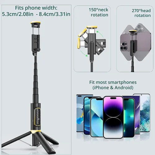Vista 6 de JUYOUYI - Trípode para iPhone, selfie stick con control remoto, aleación de aluminio, el mejor soporte plegable para trípode extensible, rotación