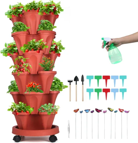 Vista 14 de GameXcel Torre de maceta vertical, macetas apilables de 3 niveles con ruedas y herramientas de jardín, macetas para plantas de fresa, hierbas