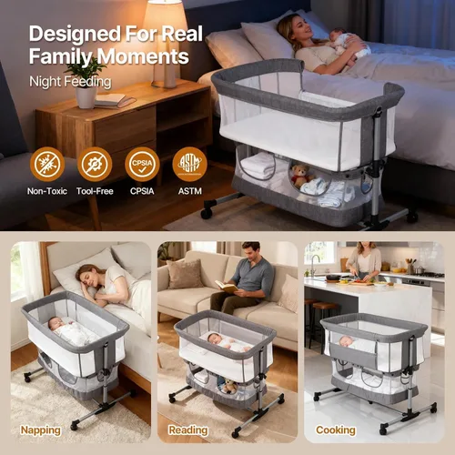 Vista 3 de Moisés para bebé, cuna mecedora 3 en 1, moisés de noche para bebé con mosquitera, lados de malla completa, 5 alturas ajustables, cuna estable