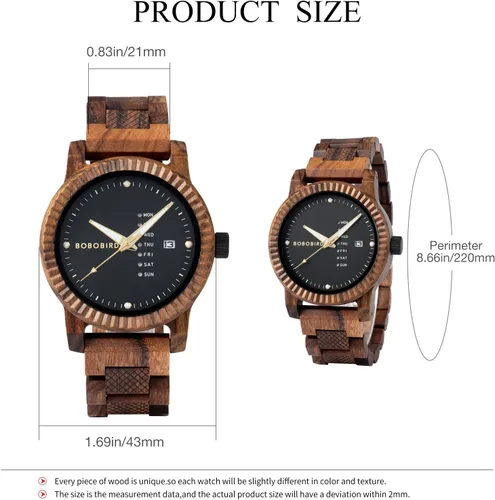 Vista 8 de BOBO BIRD Reloj de madera para hombre, analógico, de cuarzo, con pantalla de semana, ligero, hecho a mano, para hombre