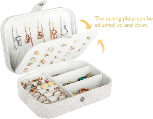 Vista 4 de Joyero para viaje, pequeño organizador de piel sintética para mujeres y niñas, estuche miniatura de viaje de doble capa, portátil, de exhibición