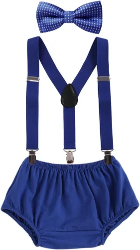 Vista 8 de Conjunto de ropa para festejar el primer cumpleaños de bebés, calzón pañalero con tirantes y corbata de moño. Beige & Blue
